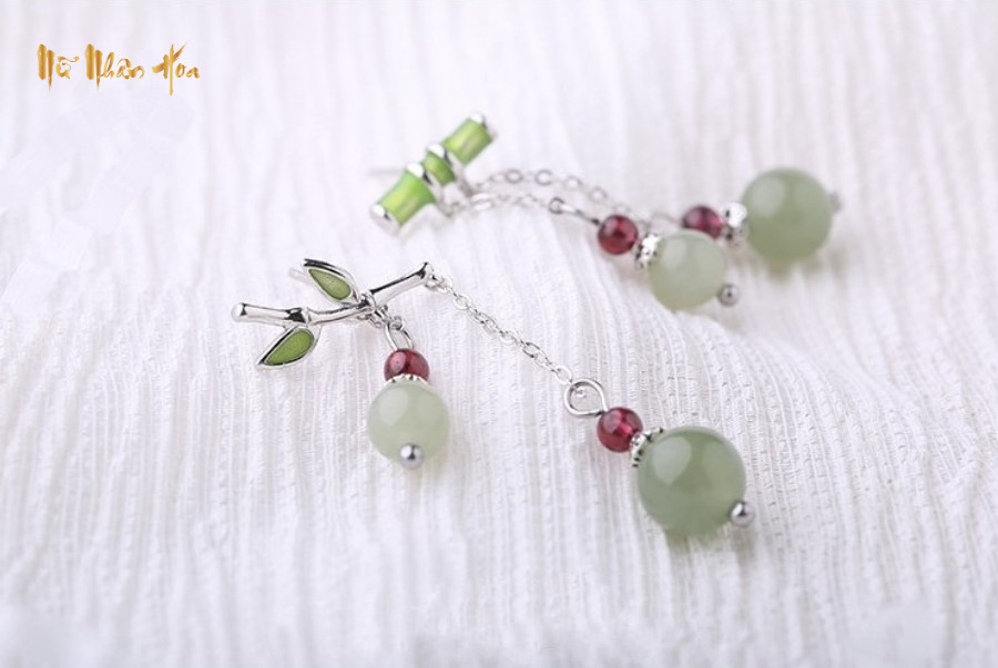 BT257 Bông Tai Đốt Trúc May Mắn Kết Hạt Ngọc Bích Và Hông Lựu