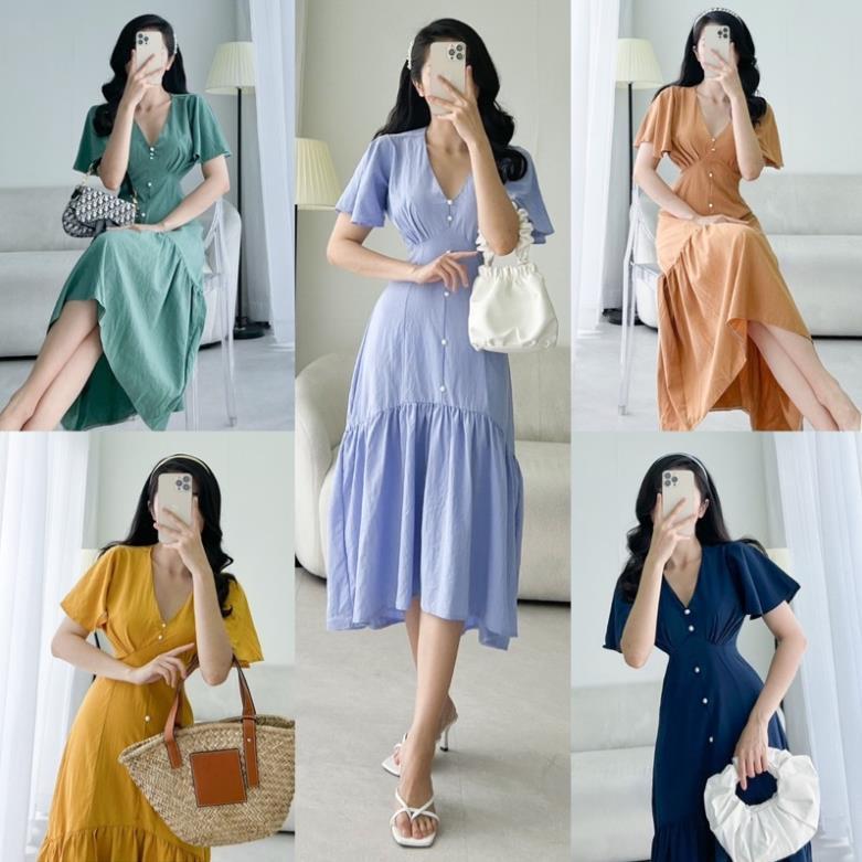 Đầm midi cổ V tay ngắn đuôi cá dài nút ngọc 5 màu