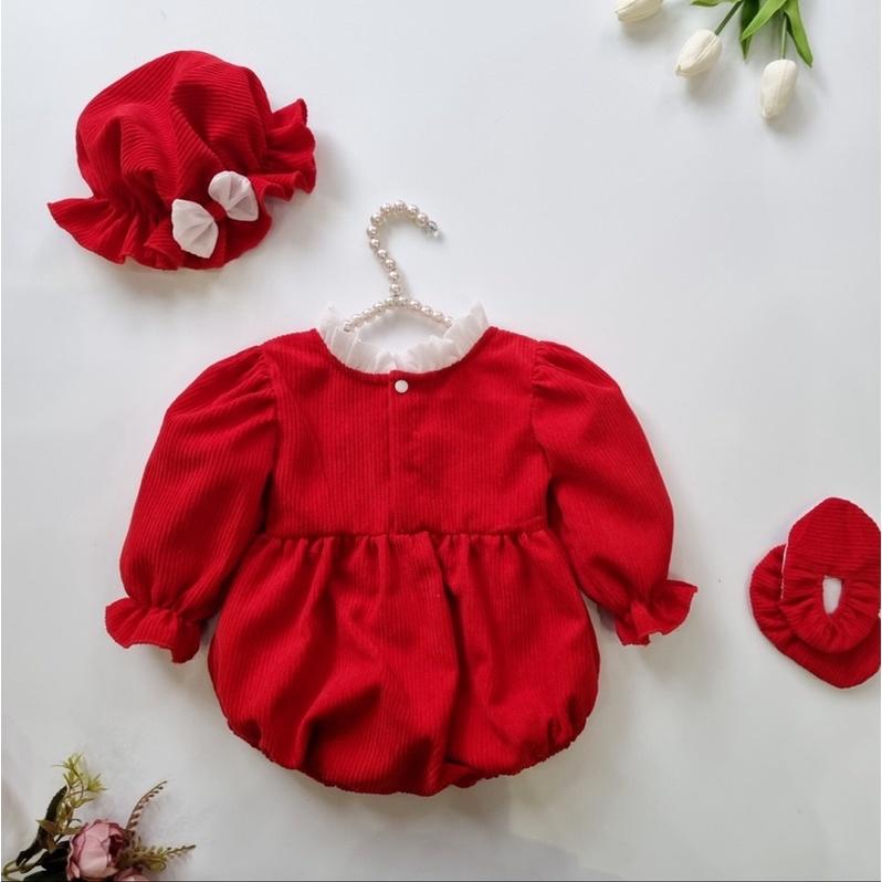 Body nỉ nhung dài tay cho bé gái kèm mũ và tất vải - body nơ thu đông màu đỏ mặc tết bé sơ sinh - set 3 chi tiết trẻ em