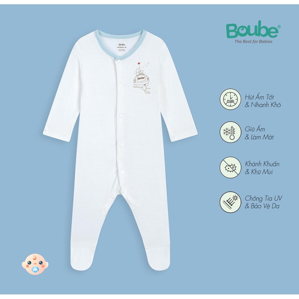 Bộ liền thân cài thẳng dài tay màu trắng viền cổ xanh Boube - Chất liệu Petit thoáng mát - Size Newborn