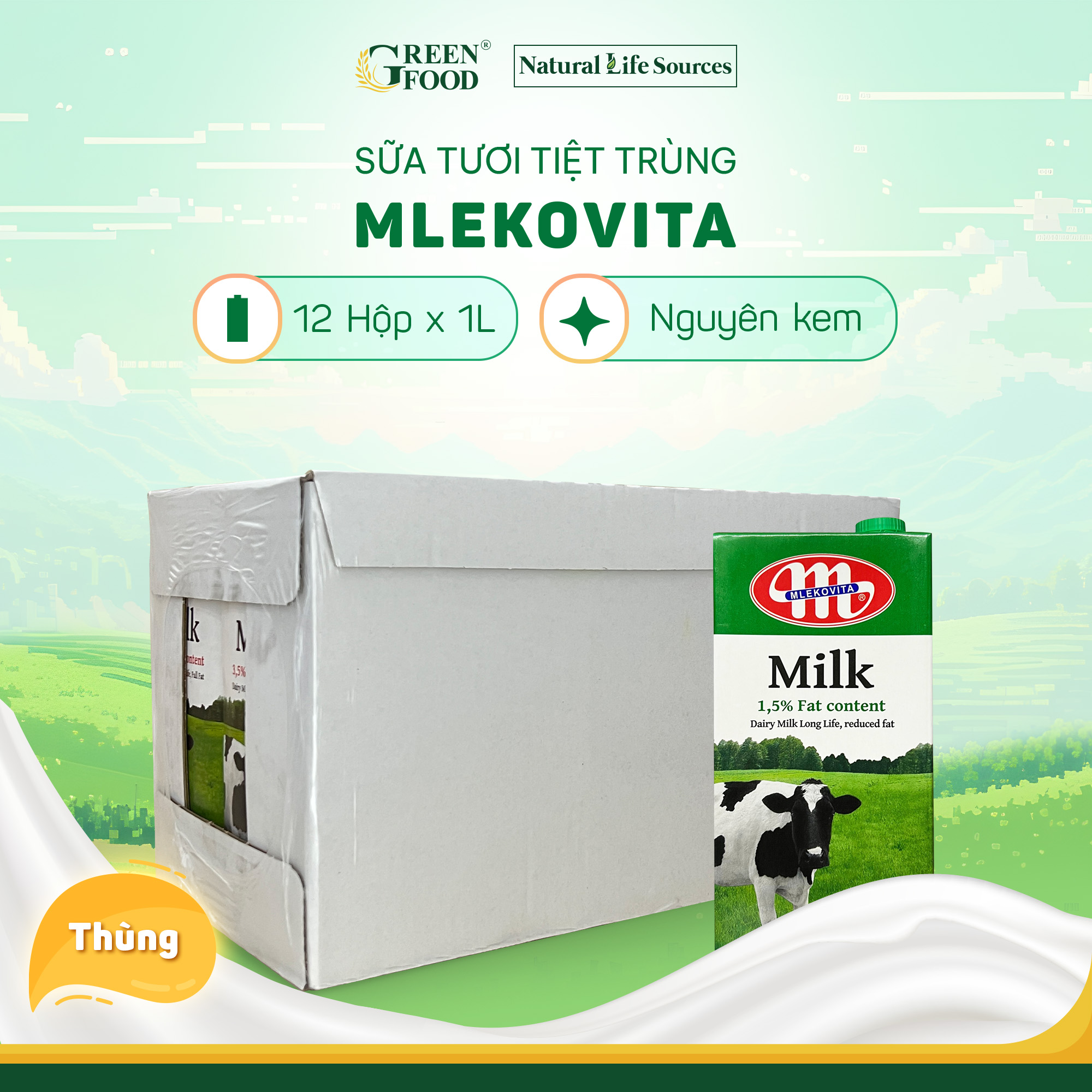 Thùng 12 Hộp Sữa Tươi Tiệt Trùng Mlekovita Ít Béo 1L-1.5% Béo, Không Đường, Phù hợp Ăn Kiêng, nhập khẩu từ Ba Lan