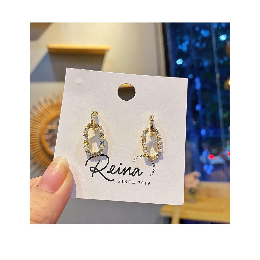 Khuyên tai nữ phong cách Hàn Quốc lưới kim bạc S925 Reina đính hạt cao cấp