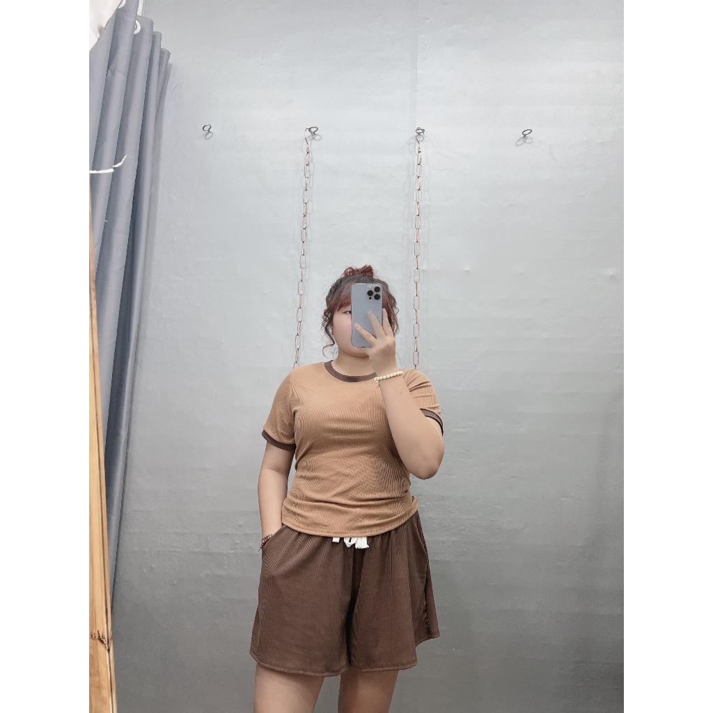 Set bộ bigsize nữ 2 món gồm áo thun cổ tròn viền kết hợp quần đùi thun cột dây hàng thiết kế chất liệu gân- SET11
