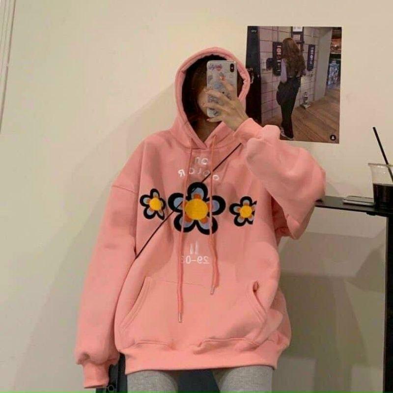 Áo hoodie nữ chất nỉ ngoại cao cấp form rộng nón to 2 lớp trùm đầu in logo hoa dập nỗi cực đẹp