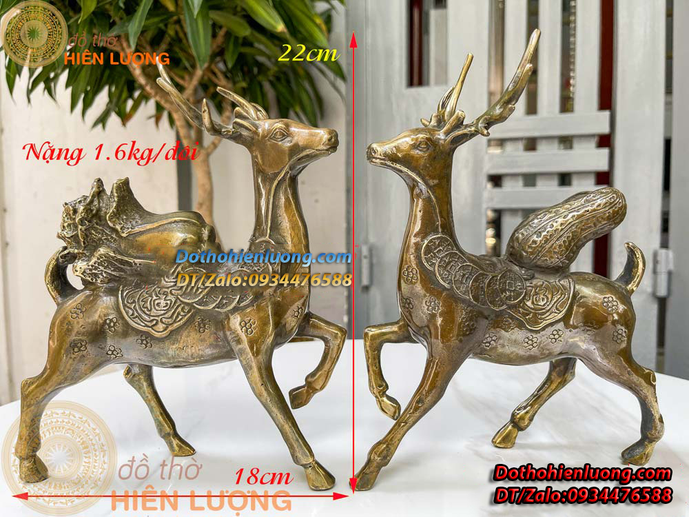 Đôi Hươu Cõng Củ Cải Và Củ Lạc Màu Giả Cổ Bằng Đồng Nguyên Chất Kích Thước 18x22cm, Nặng 1,6kg/đôi - Đồ Thờ Hiên Lượng