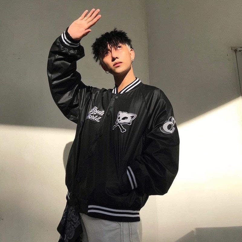 Áo Khoác Dù Bomber Varsity Phối Da Thêu Chữ Skull Unisex Nam Nữ,  Áo khoác Bomber dù 2 lớp Unisex nam nữ in chữ thời Trang