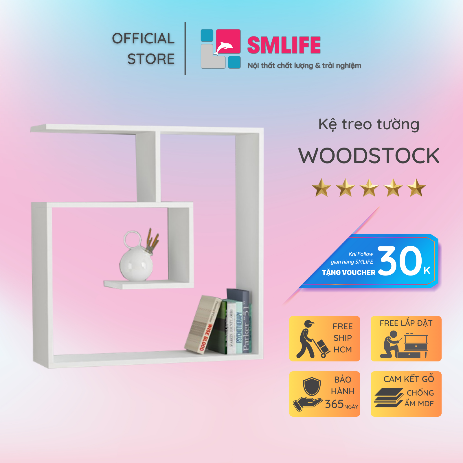 Kệ gỗ treo tường trang trí hiện đại SMLIFE Woodstock  | Gỗ MDF dày 17mm chống ẩm | D80xR20xC80cm