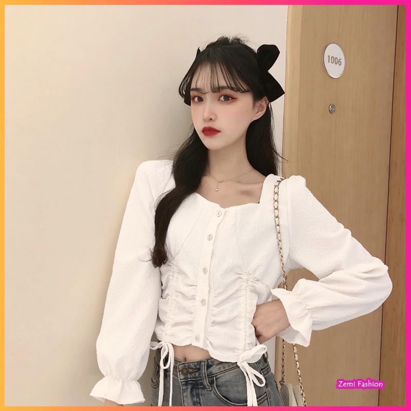 Áo Sơ Mi Nữ CropTOP Cổ Vuông Rút Dây Ngực Ulzzang