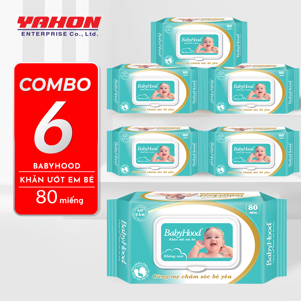 Combo 6 Bao Khăn Ướt Em Bé BABYHOOD Không Mùi, 80 Miếng/Bao