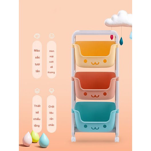Kệ 3 tầng mặt cười dễ thương, có bánh xe di chuyển, chất liệu nhựa pp, màu sắc giao ngẫu nhiên - Hàng chính hãng