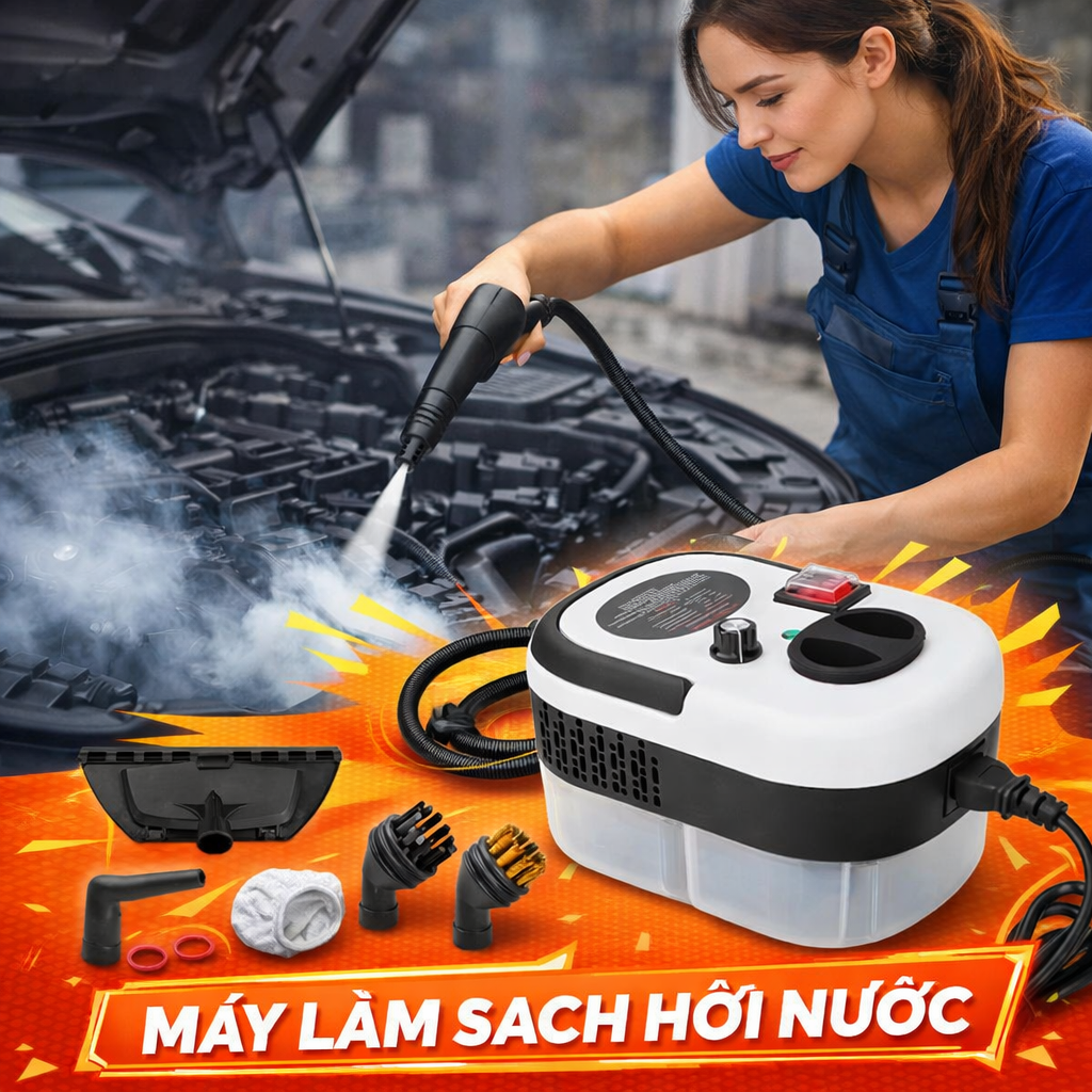 Máy Vệ Sinh Hơi Nước Cầm Tay – Rửa Khoang Máy Ô Tô, Làm Sạch Bếp, Kính, Nội Thất Xe