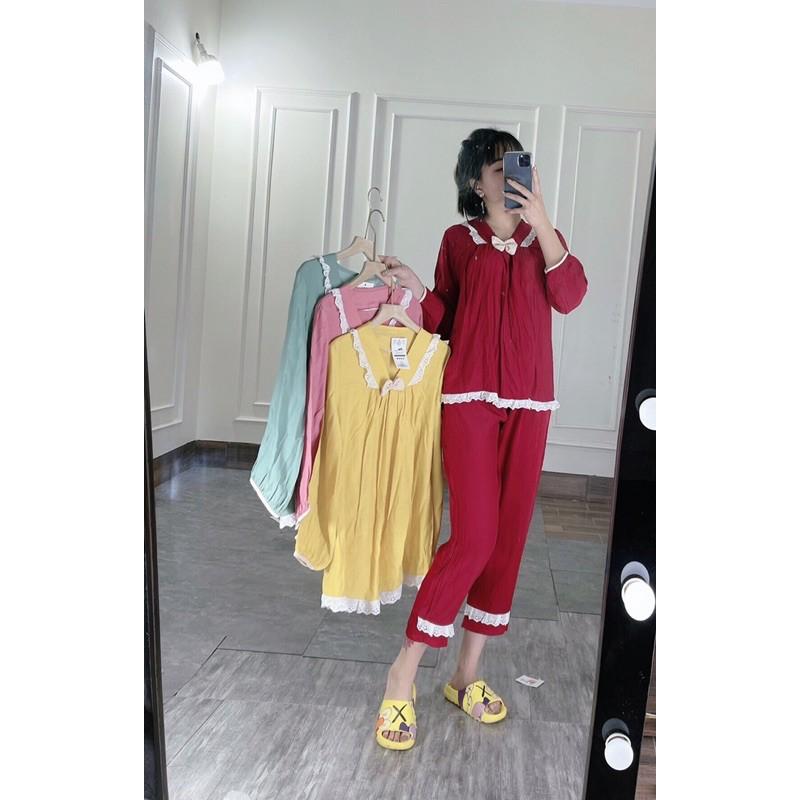 Bộ mặc nhà ren nơ cổ phom rộng dễ mặc