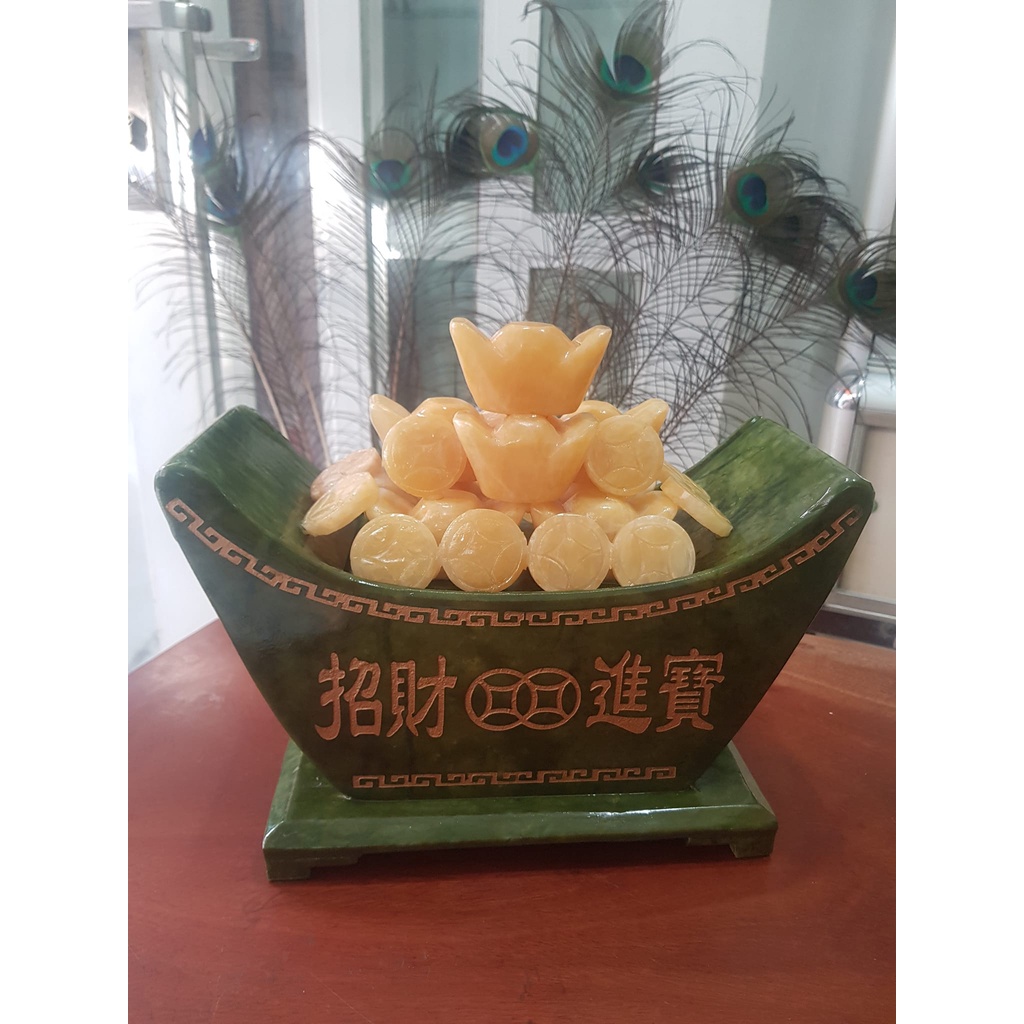 Tượng Chiếc Thuyền Phong Thủy Tài Lộc Chở Đầy Xiền Vàng Thỏi Vàng Quá Xá Đẹp Size Ngang 27cm x Cao 17cm x Sâu 13,5cm Thuyền Serpentine Xanh Thỏi Xiền vàng đẹp ơi là đẹp nặng 3,7kg may mắn tài lộc ạ