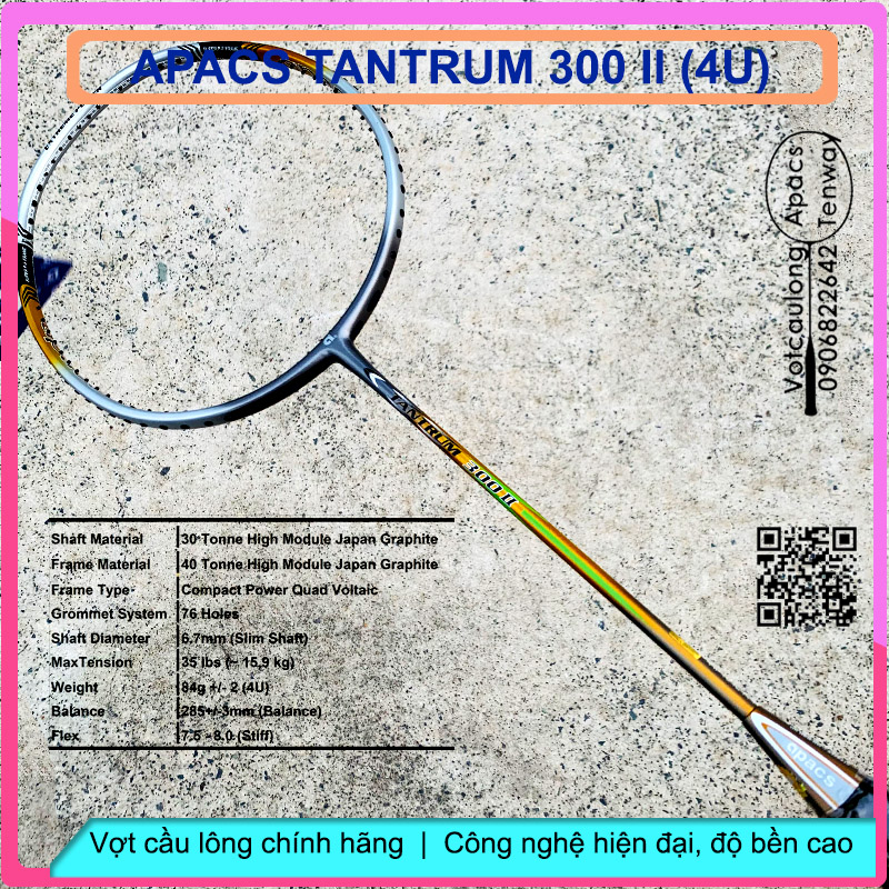 Vợt cầu lông Apacs Tantrum 300 II - 4U | Vợt cân bằng công thủ, thân đũa công nghệ mới, kiểm soát cầu tốt, chịu lực đan lưới cao