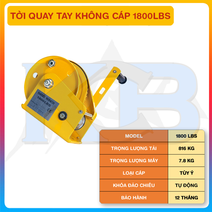 Tời quay tay không cáp 1800LBS- tải trọng nâng 816kg