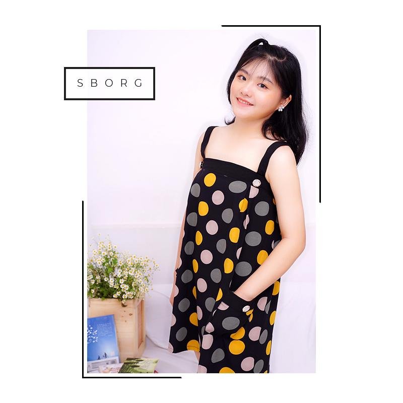 Đầm nữ mặc nhà SBORG set đồ ngủ lụa mango mềm mát họa tiết hoa cúc trendy áo 2 dây dễ thương có túi freesize dưới 60kg, giành cho các bạn mũm mĩn mặc ngủ ở nhà hoặc ra ngoài