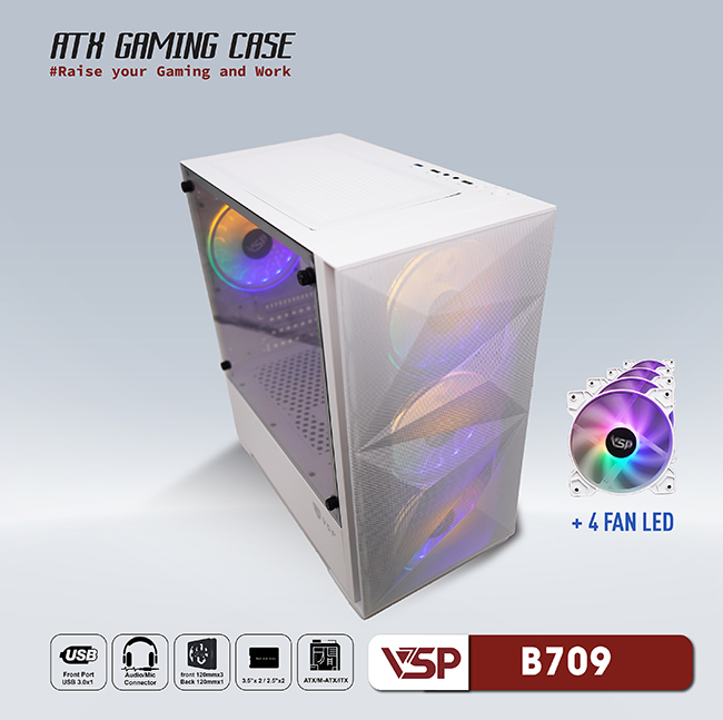 Vỏ máy tính Case VSP B709 [TRẮNG] sẵn 4 Fan LED ~ Gaming kính cường lực (M-ATX/ITX) - Hàng chính hãng TECH VISION phân phối