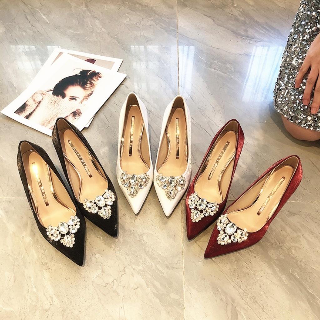 (Sẵn size 35,37,38) Giày cao gót, giày cưới đẹp chất liệu lụa satin đính đá cao cấp - GCCD009