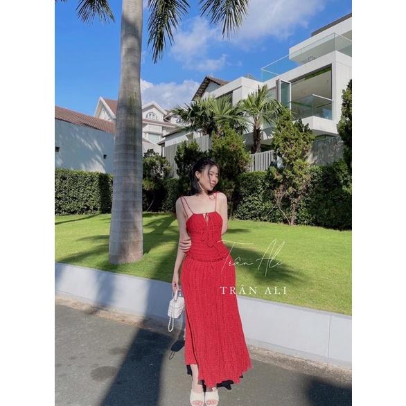 Đầm 2 dây nhún TRẮNG ĐỎ XANH