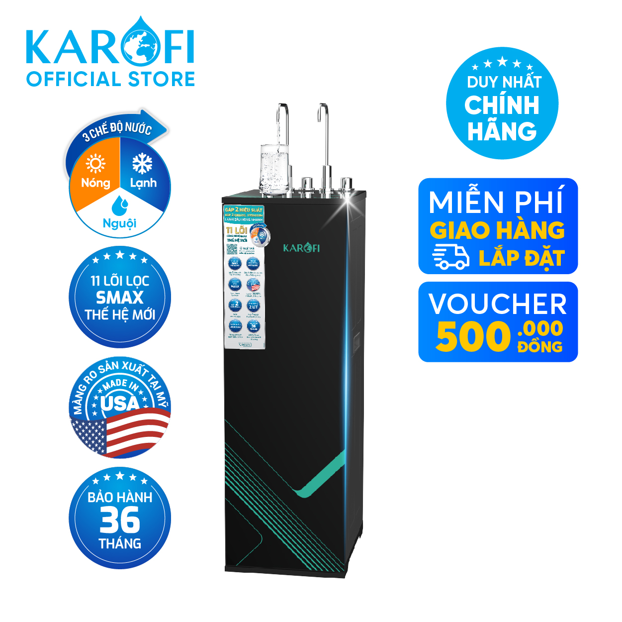 Máy lọc nước nóng lạnh RO Mỹ 11 lõi Karofi KAD-M68 - Giao trước lắp sau miễn phí toàn quốc - Bảo hành 36 tháng - Hàng chính hãng