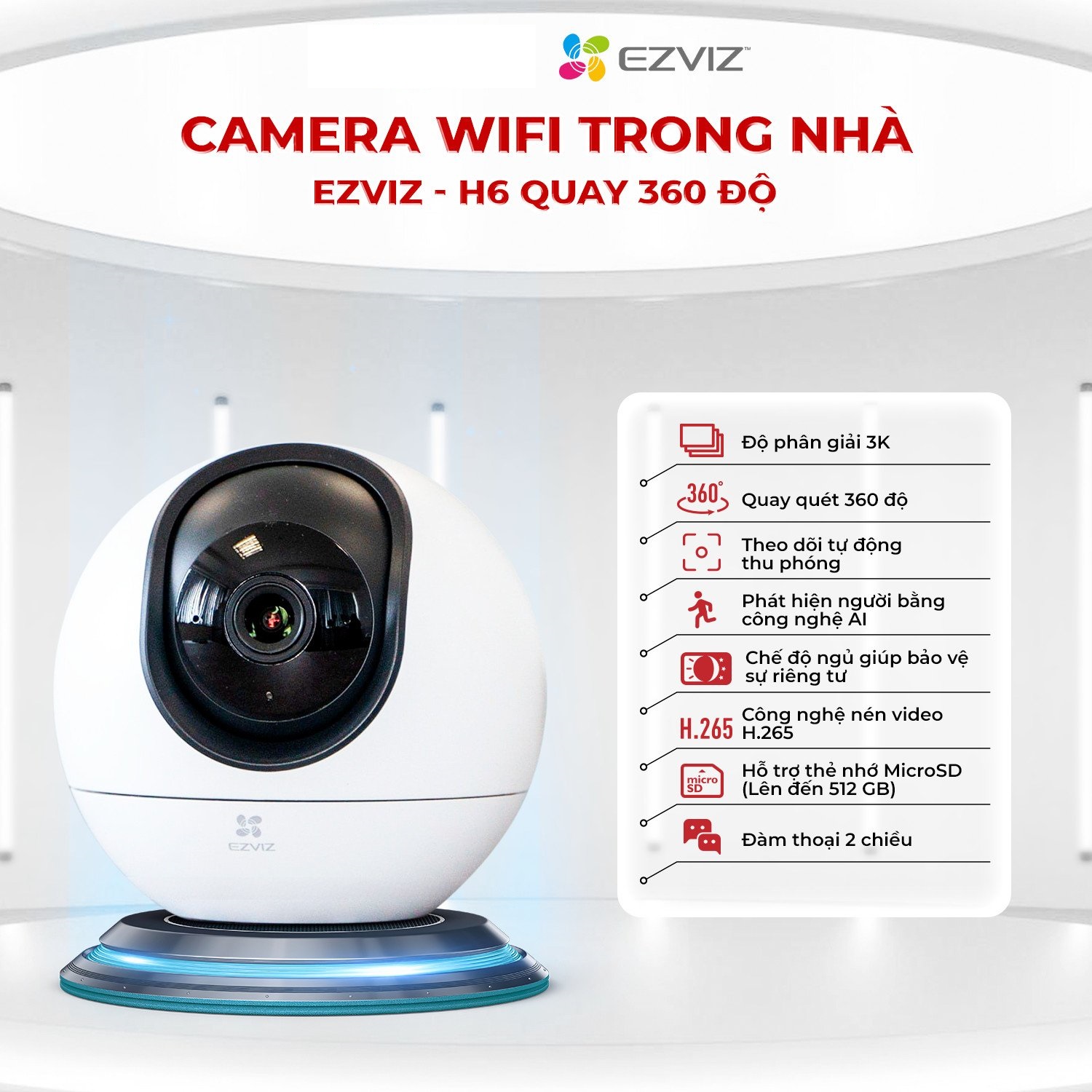 Camera wifi AI thông minh Ezviz H6 5MP 3K siêu nét, xoay 360 Độ, Đàm thoại 2 chiều - hàng chính hãng