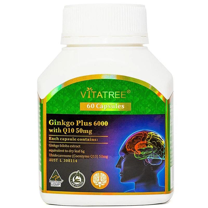  Viên uống Vitatree Ginkgo plus 6000 with Q10 50mg bổ não, cải thiện trí nhớ, giảm hoa mắt, chóng mặt 60 viên