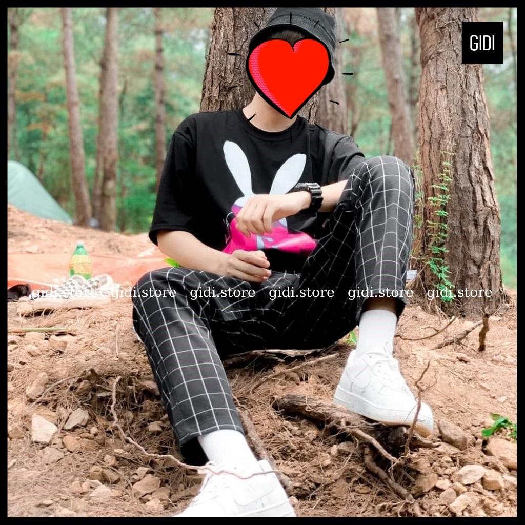 Quần thun sọc caro Nam Nữ Unisex - quần thun dài ống suông màu đen viền trắng