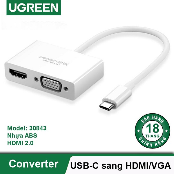 Cáp chuyển đổi USB type C to HDMI/VGA hỗ trợ full HD 3D 4Kx2K chính hãng Ugreen 30843 hàng chính hãng