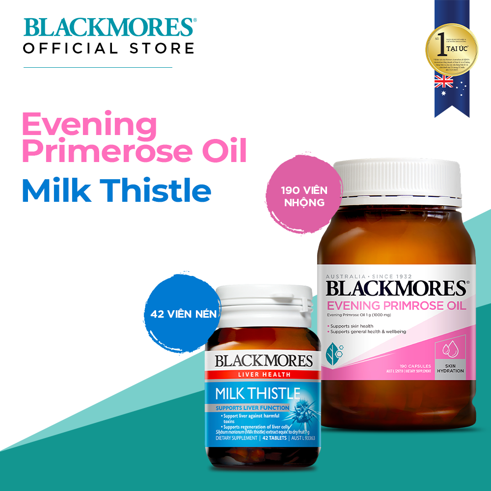 Combo Tinh Dầu Hoa Anh Thảo Hỗ Trợ Cân Bằng Nội Tiết Tố Blackmores Evening Primrose Oil Lọ 190 Viên và Viên Uống Hỗ Trợ Bảo Vệ Và Phục Hồi Tế Bào Gan Blackmores Milk Thistle Lọ 42 Viên