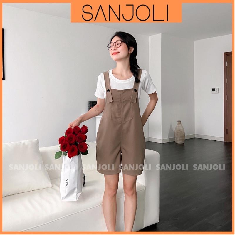 Quần Short Nữ SANJOLI Quần Yếm Ngắn Form Rộng Dây Đeo Có Thể Điều Chỉnh Vải Cotton Có Túi Vintage Màu Nâu Đen QD015