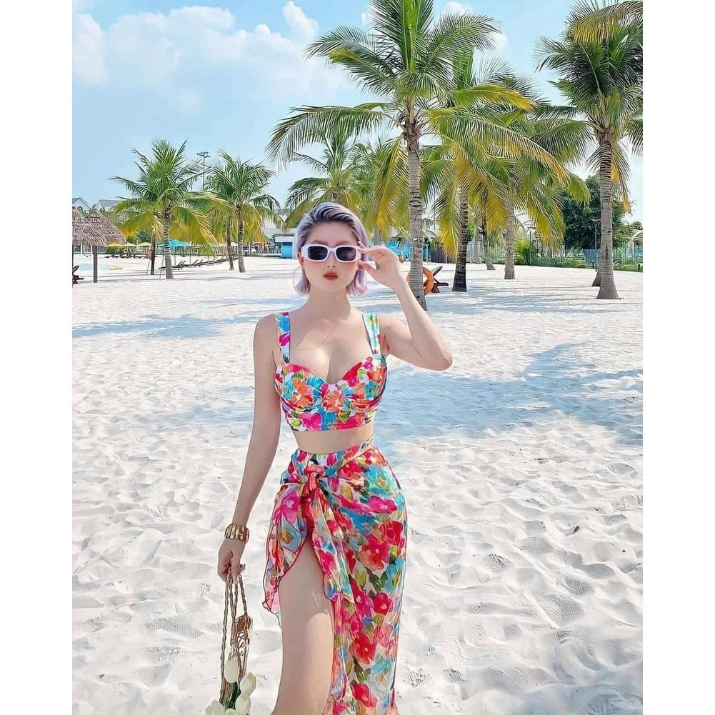 SET BIKIBI, ĐỒ BƠI ĐI BIỂN HOA HỒNG KÈM KHĂN MẪU MỚI SEXY ODERI BM-119