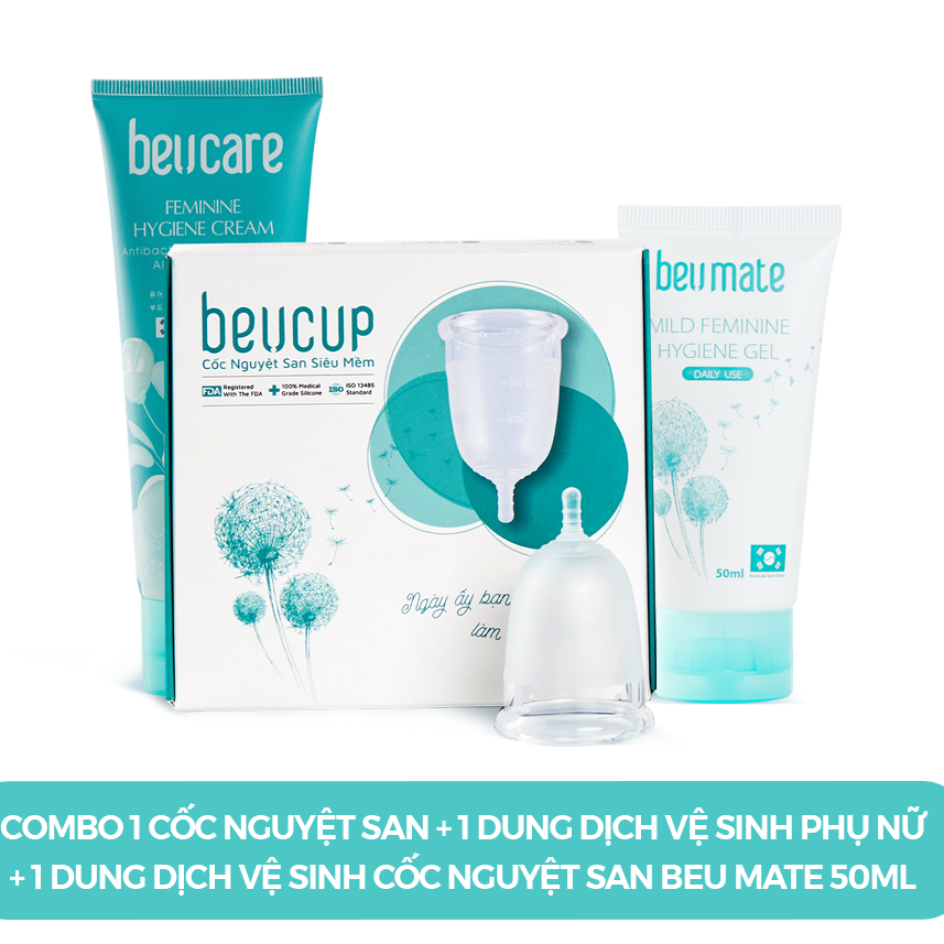 Combo 1 Cốc nguyệt san Silicone y tế Beu Cup+ 1 Dung dịch vệ sinh phụ nữ BeU Care 100ml + 1 Dung dịch vệ sinh cốc nguyệt san BeU Mate 50ml