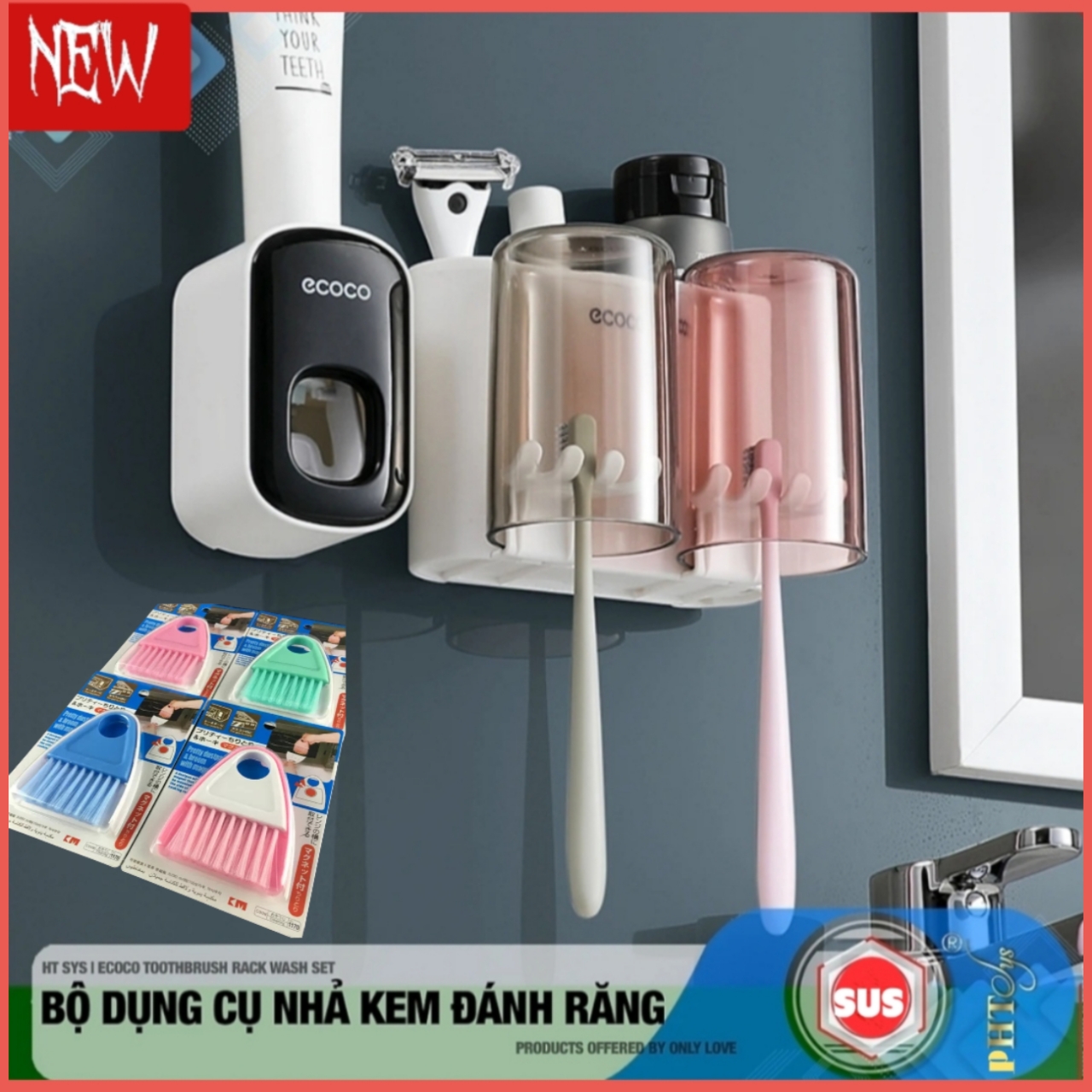 Bộ dụng cụ nhả kem đánh răng 02 cốc - PHT SUS-COCO-E1924- Chất liệu ABS cao cấp