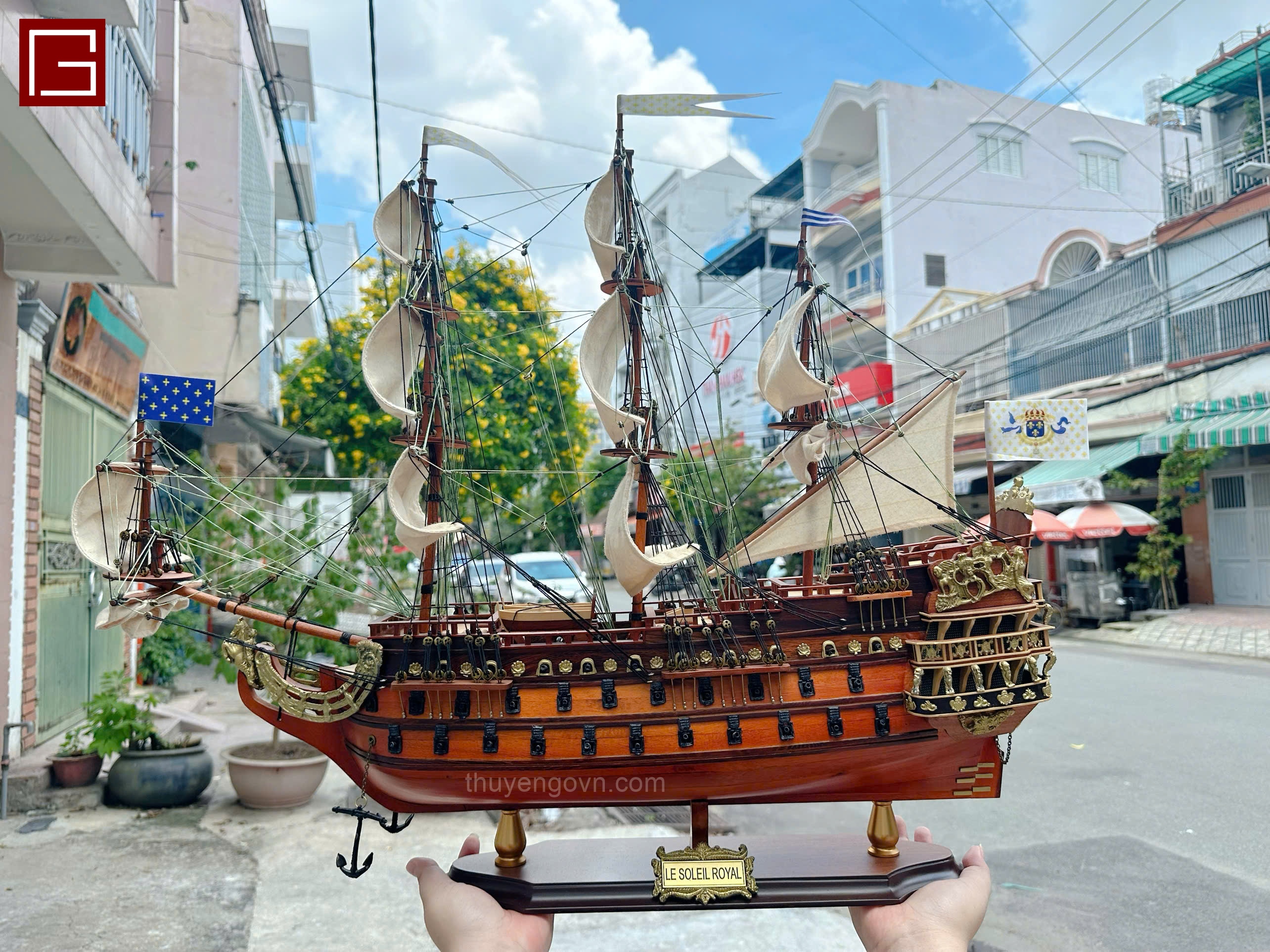 Thuyền gỗ Soleil Royal, mô hình thuyền gỗ phong thủy gỗ tràm nhiều kích thước, hàng thủ công chính hãng