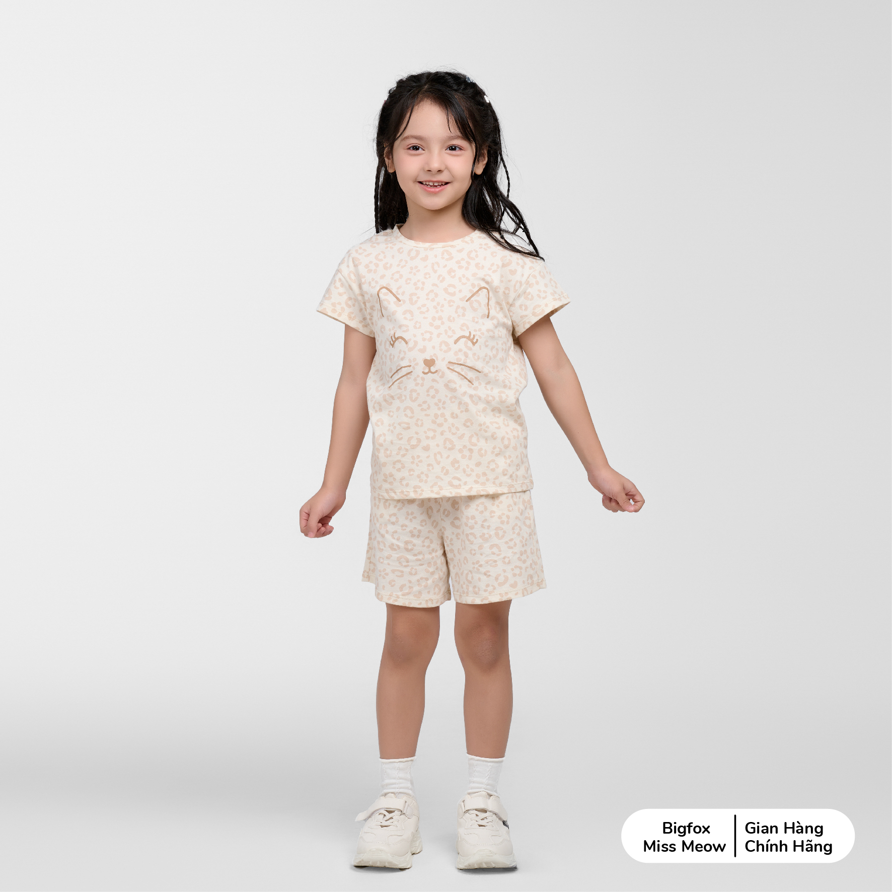 Set bộ cotton bé gái Bigfox Miss Meow size đại cộc tay mix chân váy hè cỡ 3,6,9,11 tuổi 30kg 40kg
