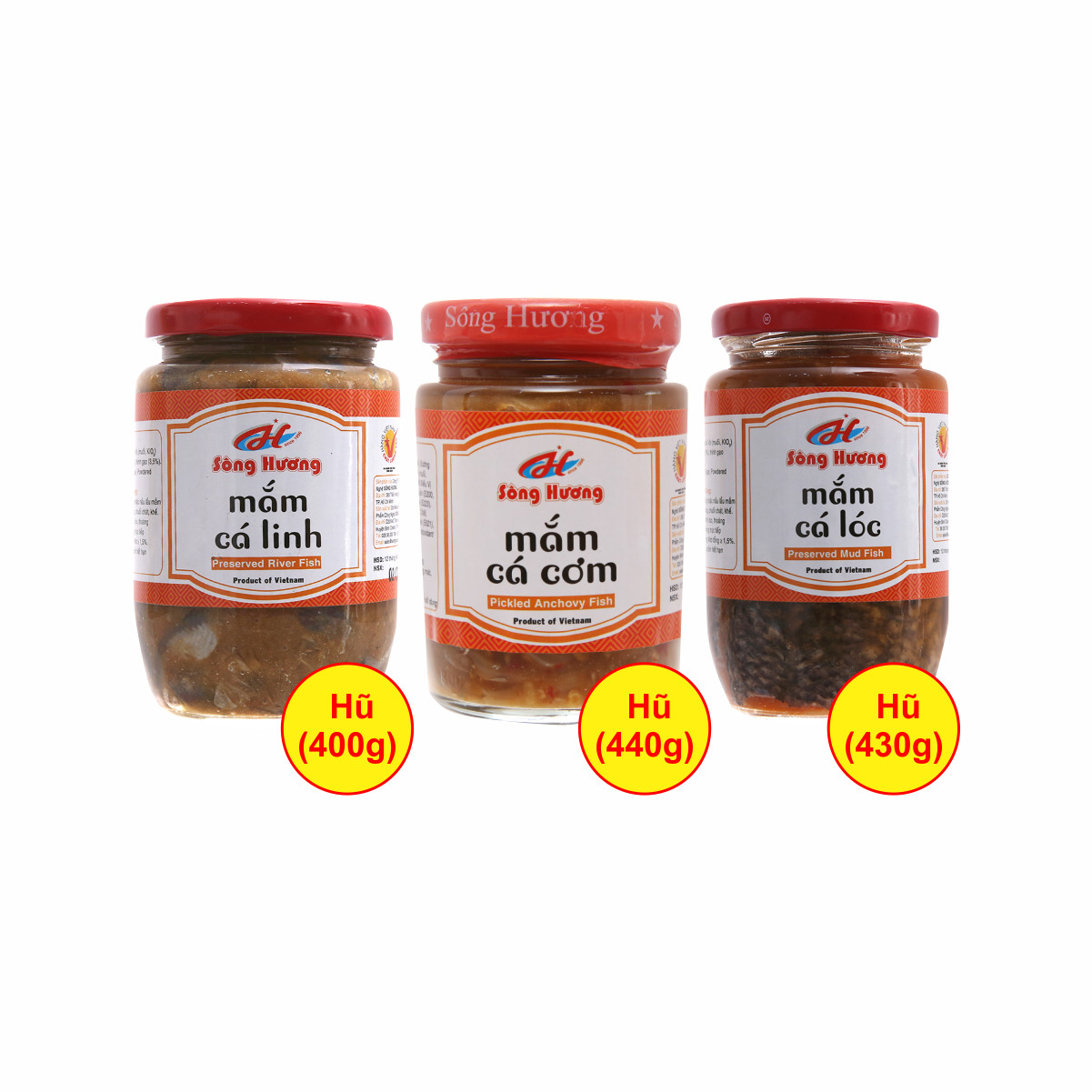 Combo 1 Hũ Mắm Cá Linh 400g + 1 Hũ Mắm Cá Cơm 440g + 1 Hũ Mắm Cá Lóc 430g Sông Hương Foods