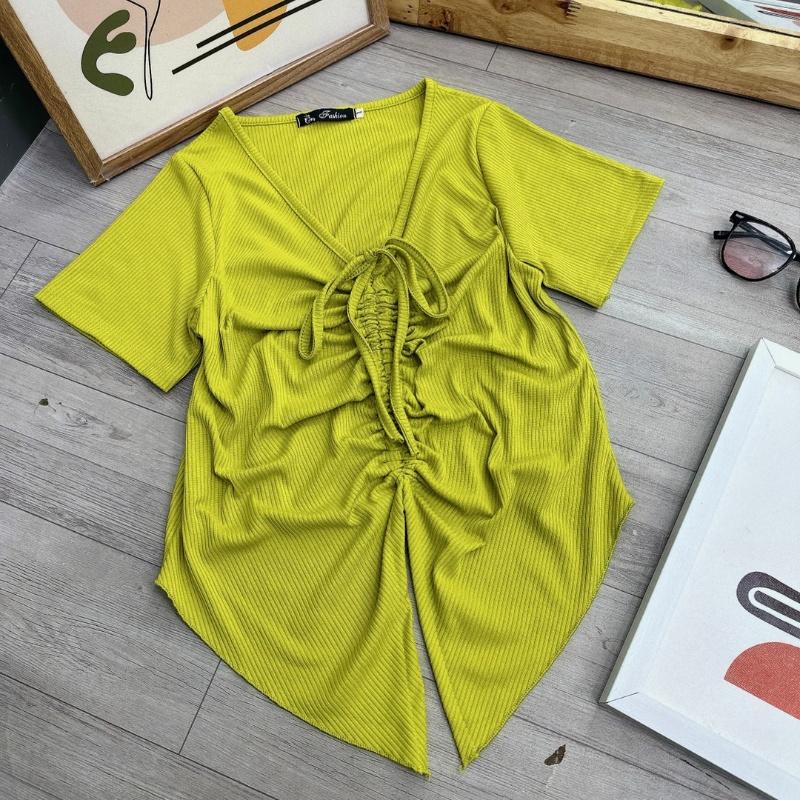 Áo thun croptop bigsize nữ tà nhọn cổ rút dây ở giữa tôn vòng một, Áo phông phom rộng chất gân tăm BIGSIZE CÔ NHỎ - G42