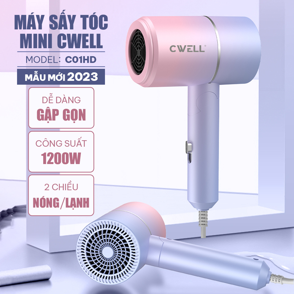 Máy sấy tóc mini CWELL gập gọn 2 chiều nóng lạnh, công nghệ ion âm hạn chế hư tổn, công suất 1200W C01HD 