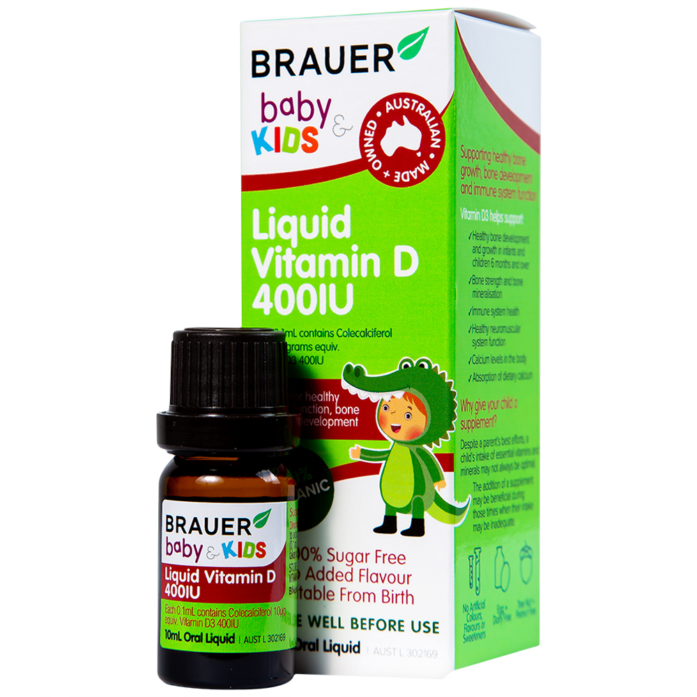 Vitamin D 400IU dạng nước Brauer Baby & Kids Liquid Vitamin D 400IU cho trẻ sơ sinh và trẻ nhỏ (10 ml)