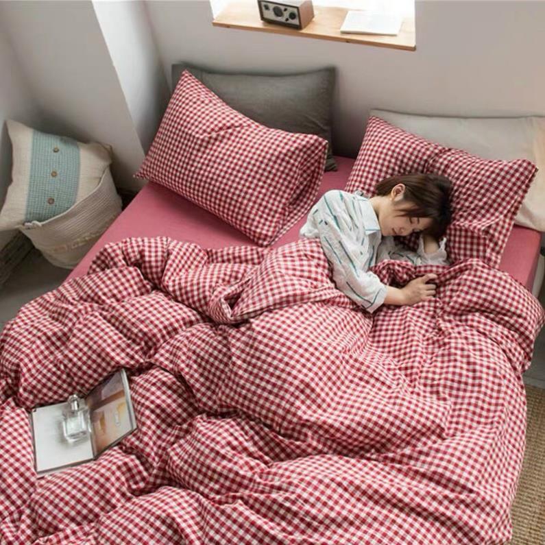 Bộ chăn ga gối , coton poly họa tiết kẻ ô vuông đủ size miễn phí bo chun