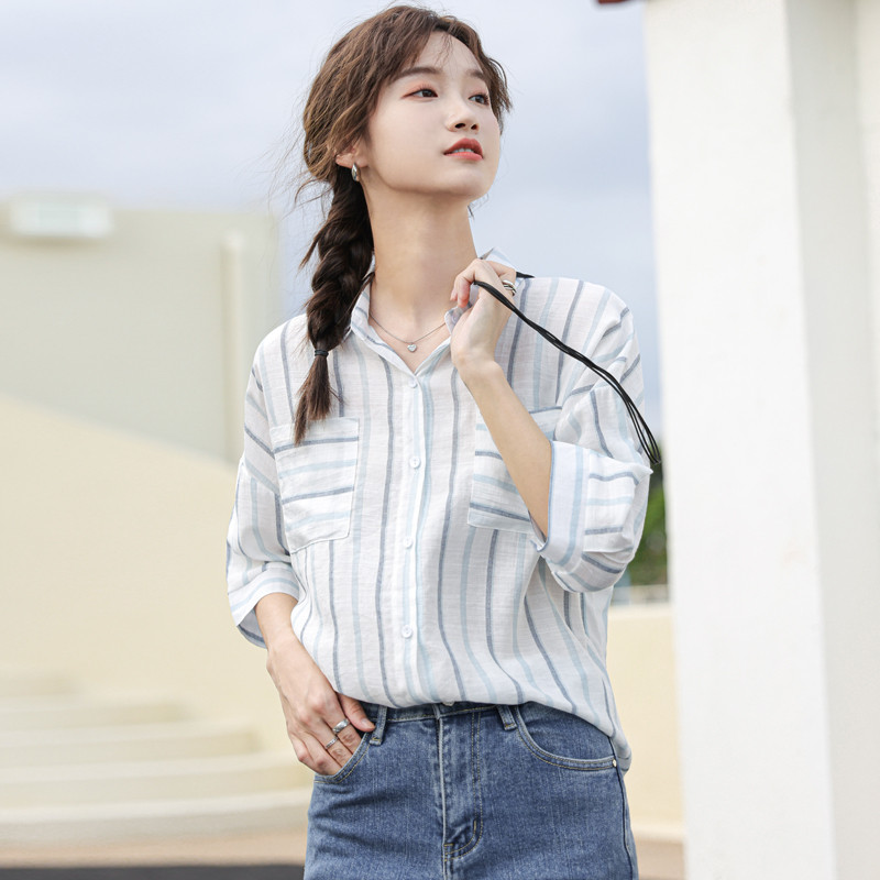 Áo sơ mi nữ Đũi Việt ngắn tay cổ chữ V kẻ sọc xinh xắn phù hợp mặc đi làm đi chơi Dv10