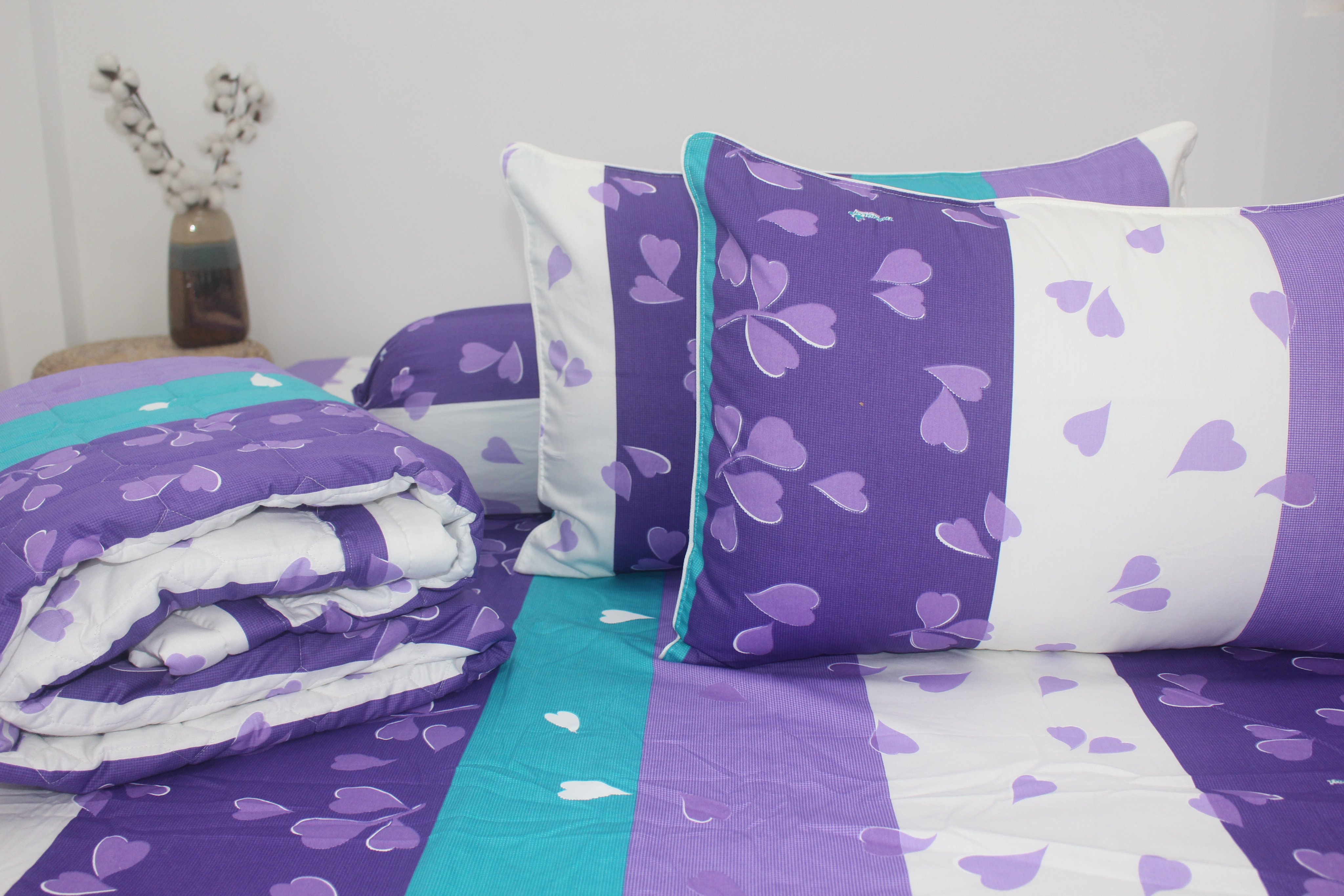 Bộ Drap Gối Cotton -Mẫu TIM TÍM - vải dày dặn, mát mẻ, siêu thấm mồ hôi