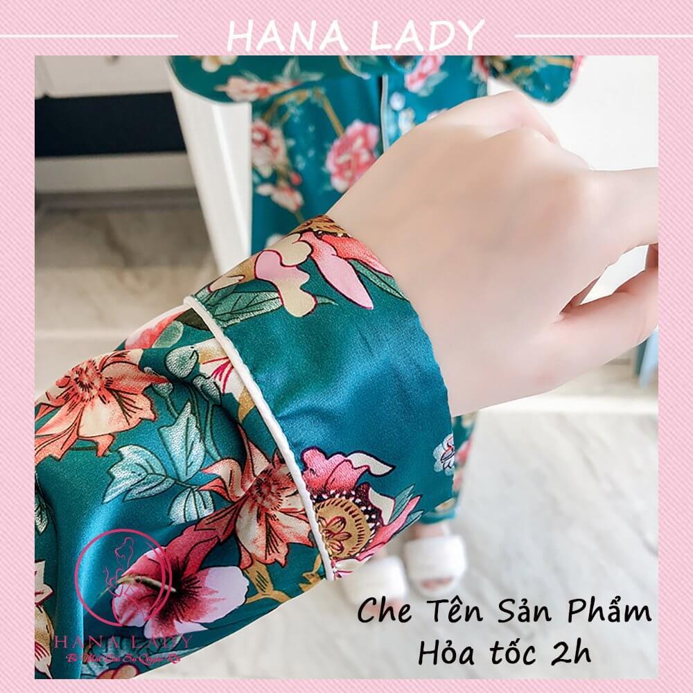 Đồ bộ ngủ pijama lụa mặc nhà mềm mại họa tiết hoa xanh PJ532