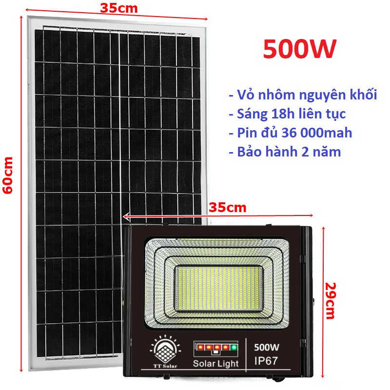 Đèn Năng Lượng Mặt Trời, Đèn Pha Năng Lượng Mặt Trời 500w IP67,Vỏ Nhôm Đúc, Sáng Liên Tục, BH 2 Năm Hàng cao cấp chính hãng