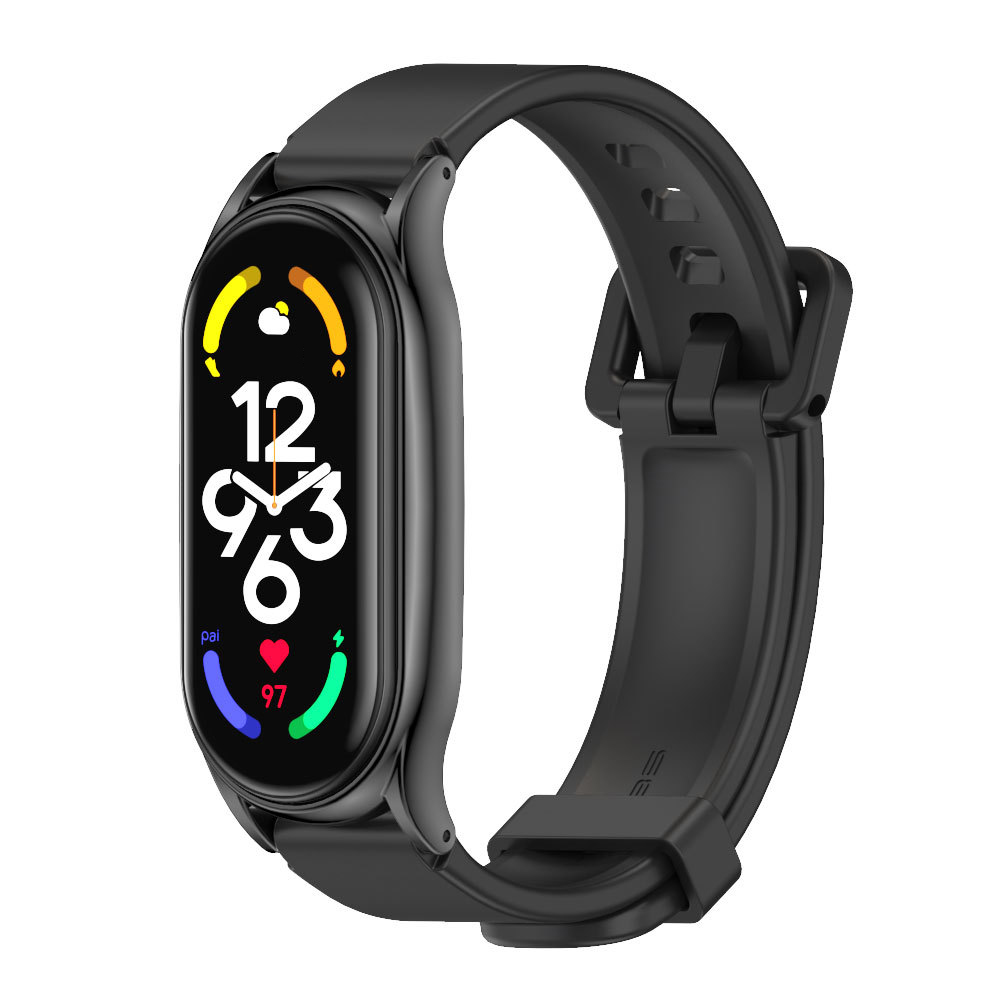 Dây Đeo Cao Su Cho Mi Band 76543 Mặt Kim Loại MJOBS Cao Cấp, Khung Chất Liệu Thép Không Gỉ - ĐEN &amp ĐEN - MI BAND 3456