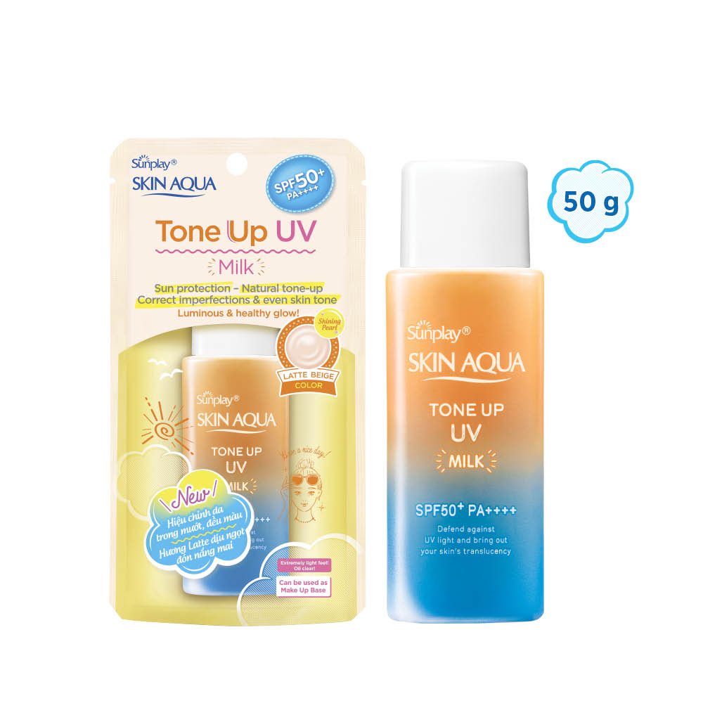 Kem chống nắng nâng tông Skin Aqua Tone up Latte Beige cho mọi tông da, dạng tinh chất Sunplay Skin Aqua Tone Up UV Essence Latte Beige SPF 50+ PA++++ 50g