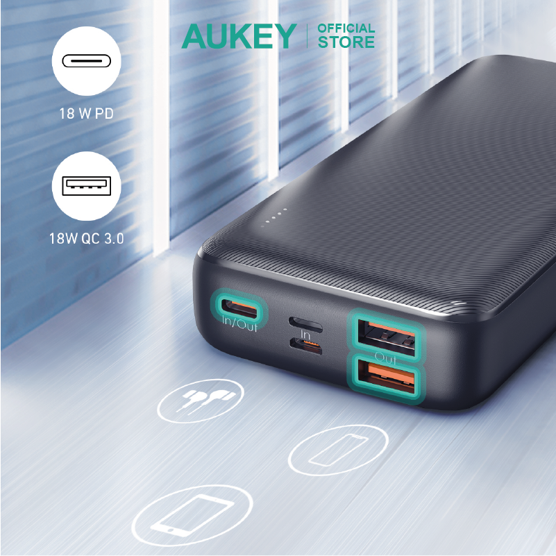 Pin dự phòng 20000mAh sạc nhanh 22.5W Aukey PB-N74S màu đen, hàng chính hãng