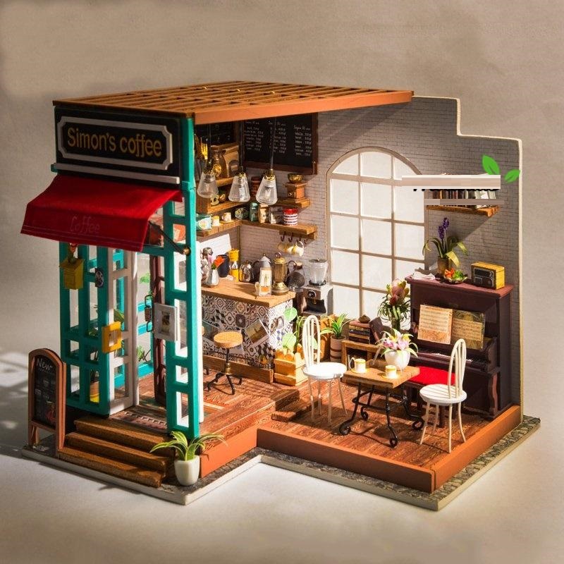 Đồ chơi lắp ráp gỗ 3D Mô hình DIY Doll House Simon's Coffee kèm đèn LED