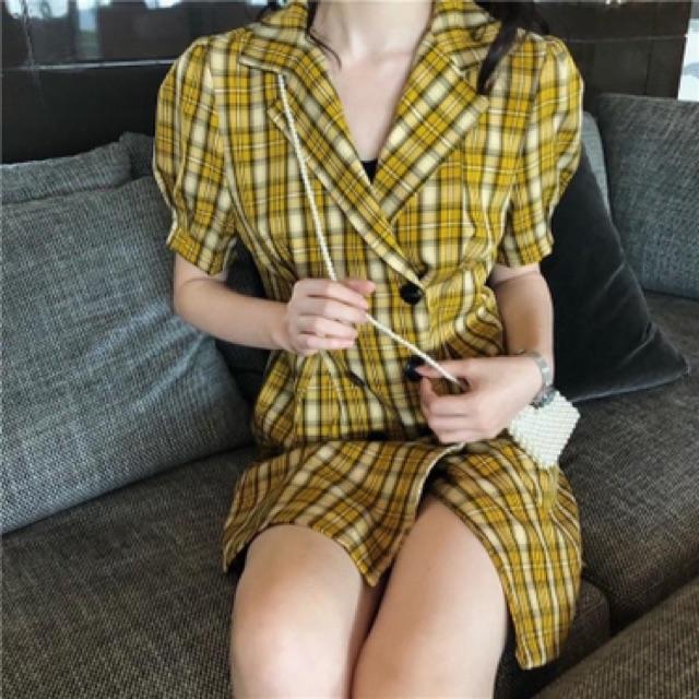 ĐẦM CARO VÀNG CỔ VEST CÓ SIZE