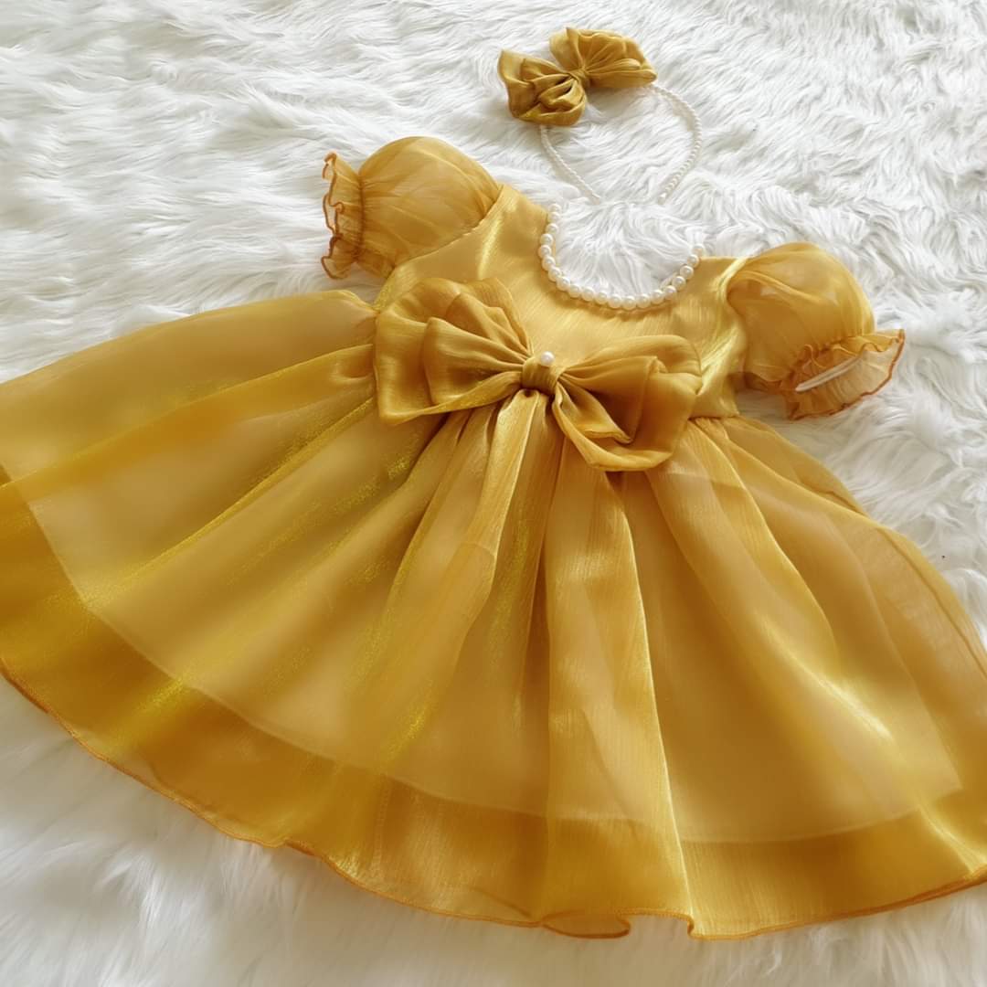 Váy Tơ Vàng Kết Cườm cho bé yêu TẶNG KÈM Nơ (HÀNG THIẾT KẾ CAO CẤP cho bé từ 4kg - 30 kg)